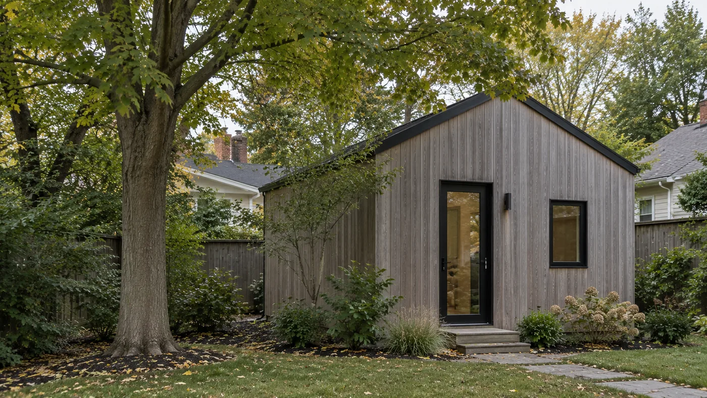 A compact detached backyard dwelling with grey timber cladding and a dark gable roof, on a suburban lot with neighboring rooflines behind