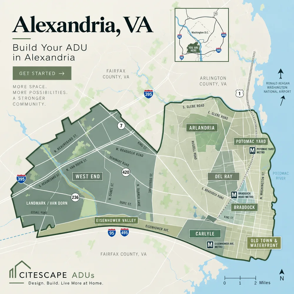Map of the City of Alexandria, Virginia, showing its neighbourhoods and Metro stations