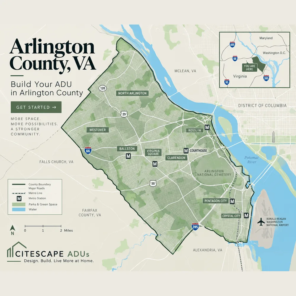 Map of Arlington County, Virginia, showing its neighbourhoods and Metro stations