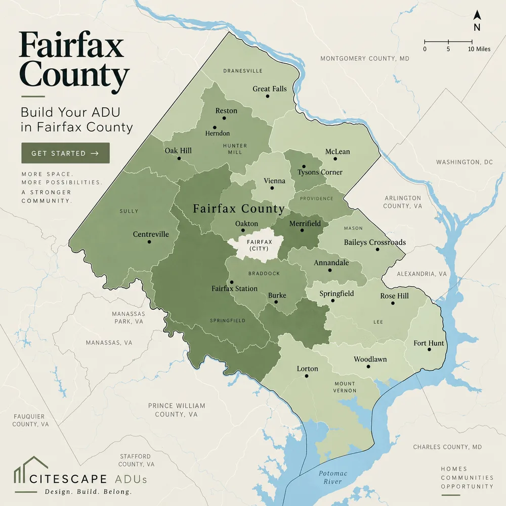 Map of Fairfax County, Virginia, showing its districts and towns